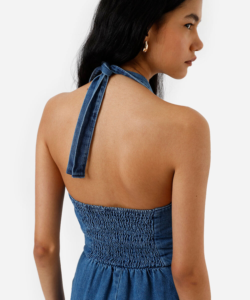 vestido midi feminino jeans frente única com recortes azul