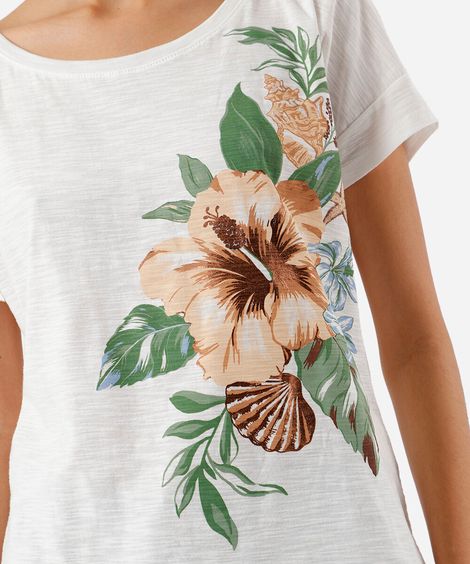 blusa feminina de algodão manga curta floral off white