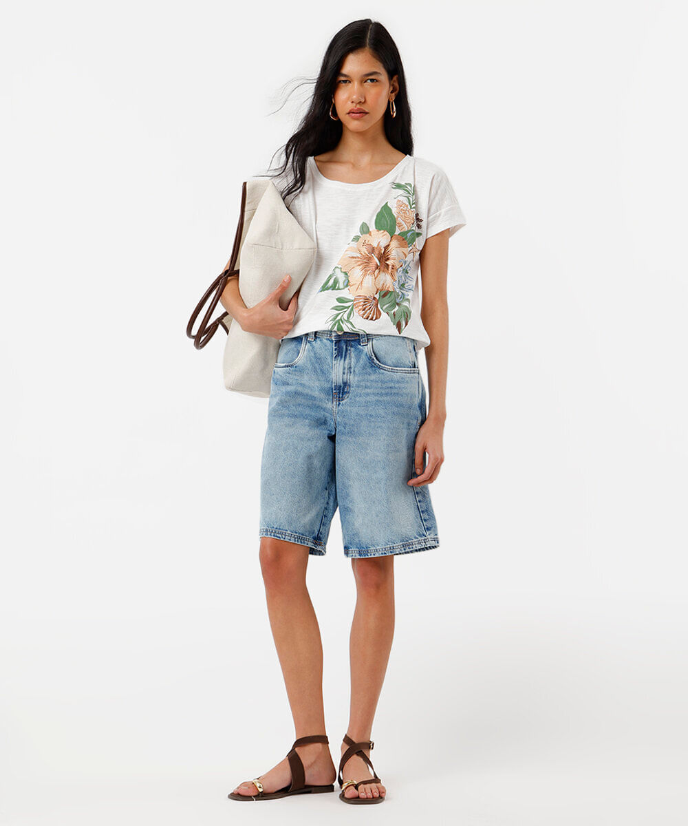 blusa feminina de algodão manga curta floral off white