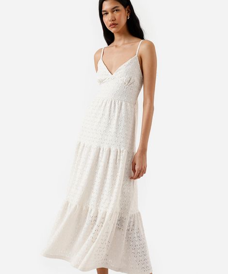 vestido longo feminino de laise com amarração floral off white