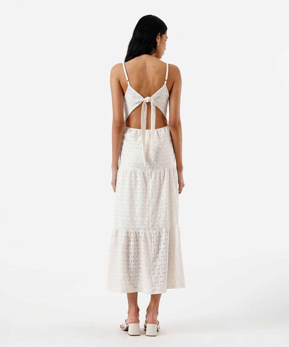 vestido longo feminino de laise com amarração floral off white