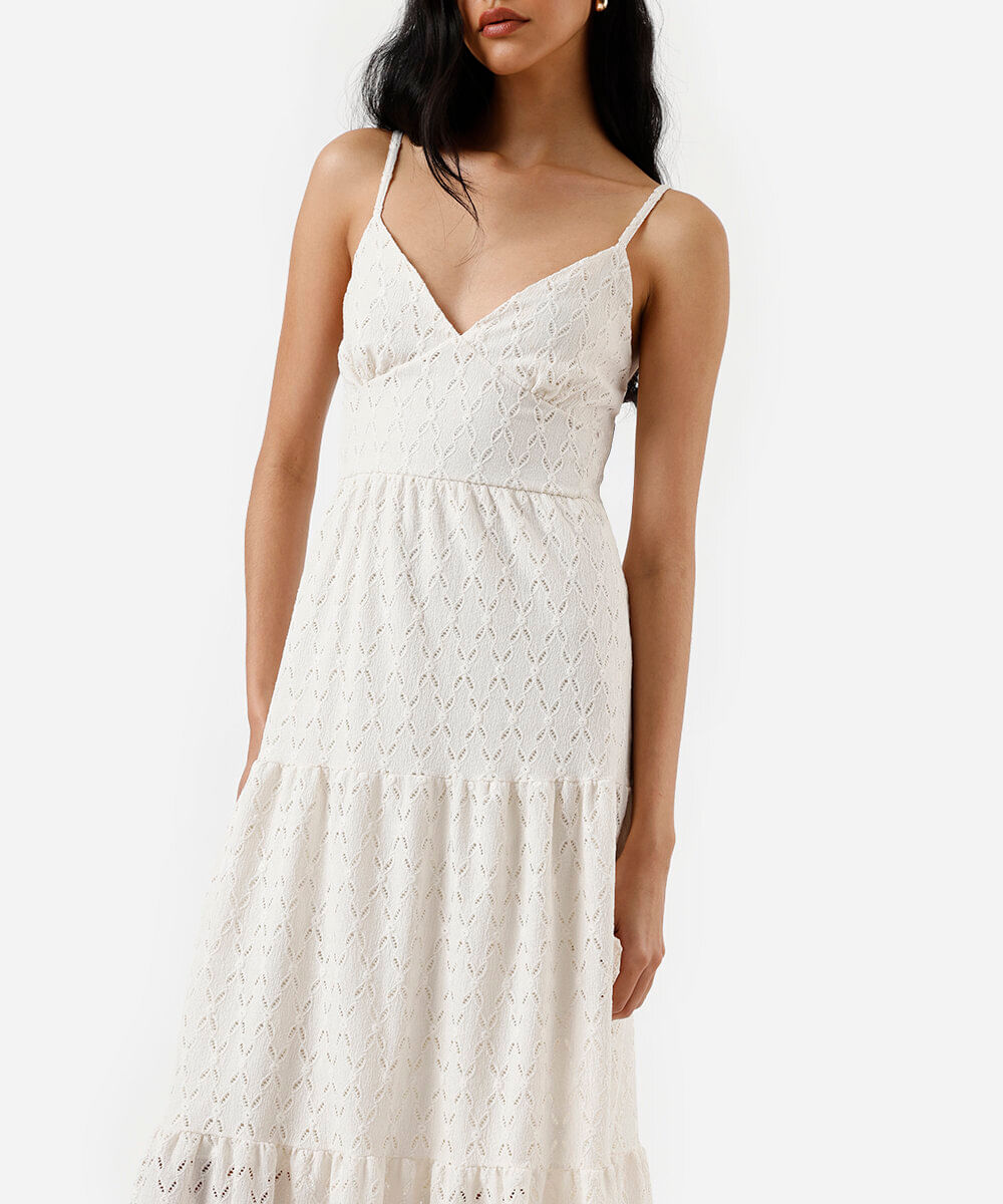 vestido longo feminino de laise com amarração floral off white