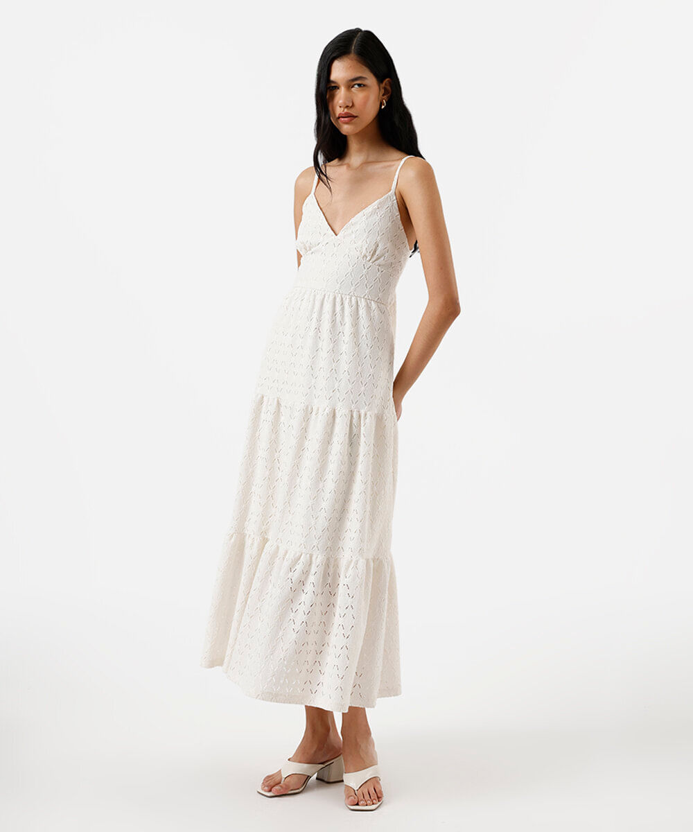 vestido longo feminino de laise com amarração floral off white