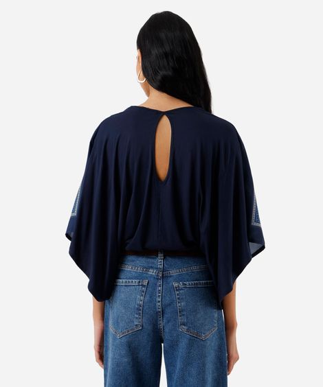 bata feminina com viscose decote v folhagens azul