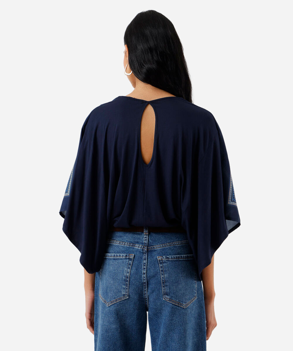 bata feminina com viscose decote v folhagens azul