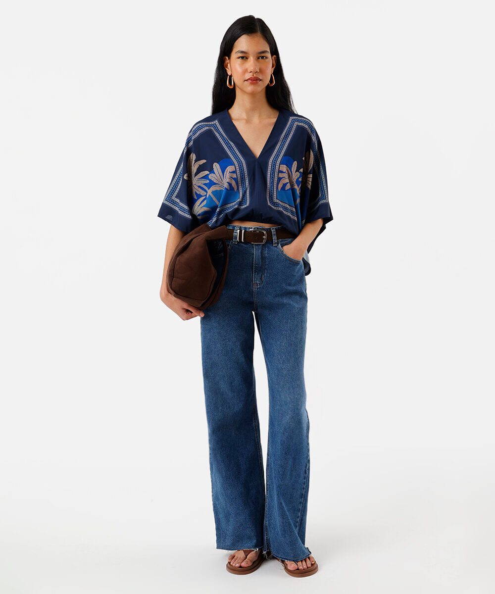 bata feminina com viscose decote v folhagens azul