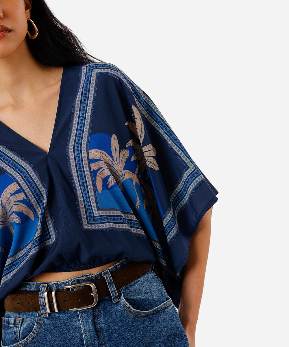 bata feminina com viscose decote v folhagens azul