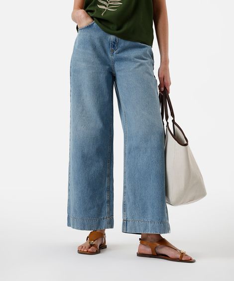 calça wide leg cropped feminina jeans azul