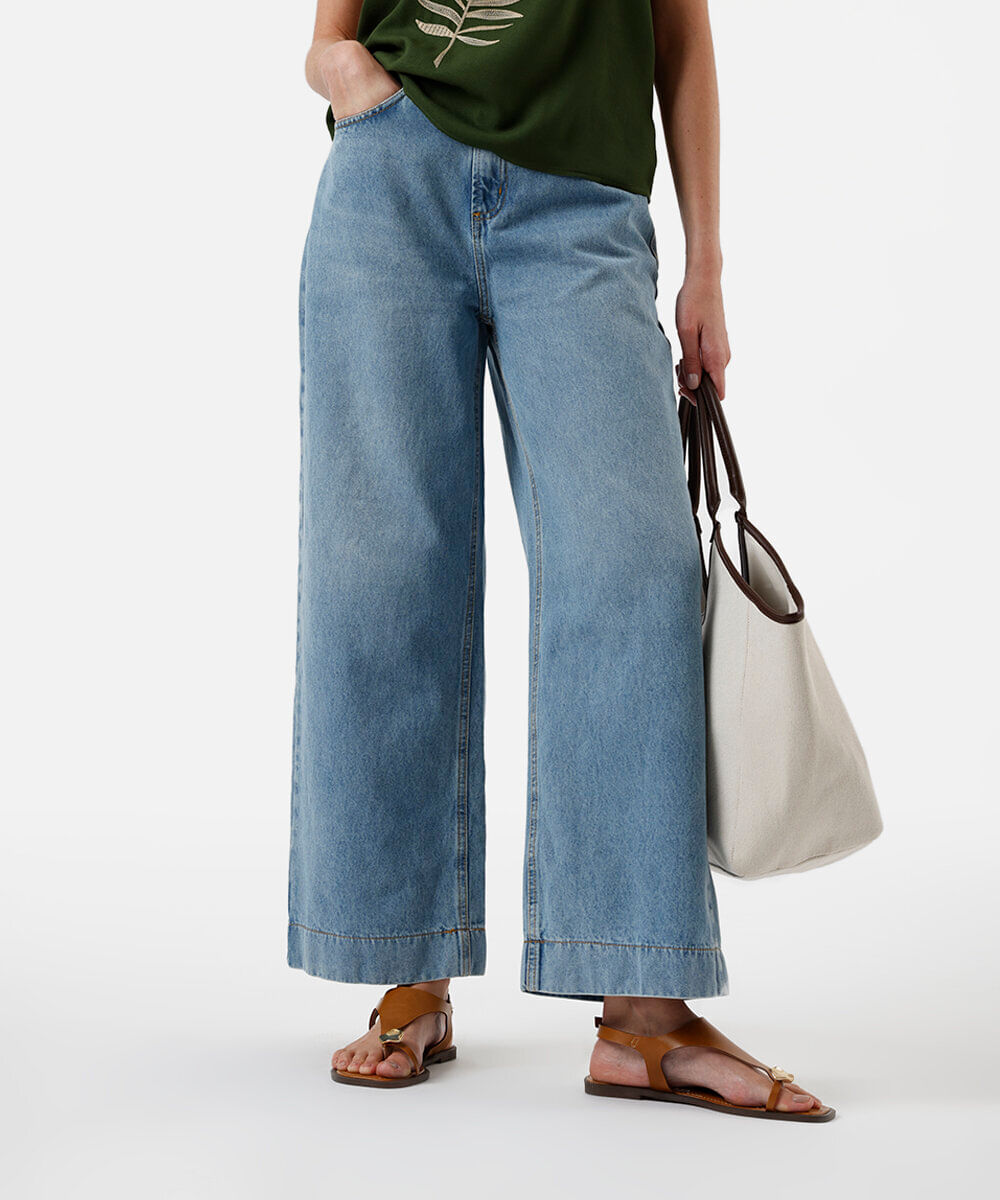 calça wide leg cropped feminina jeans azul