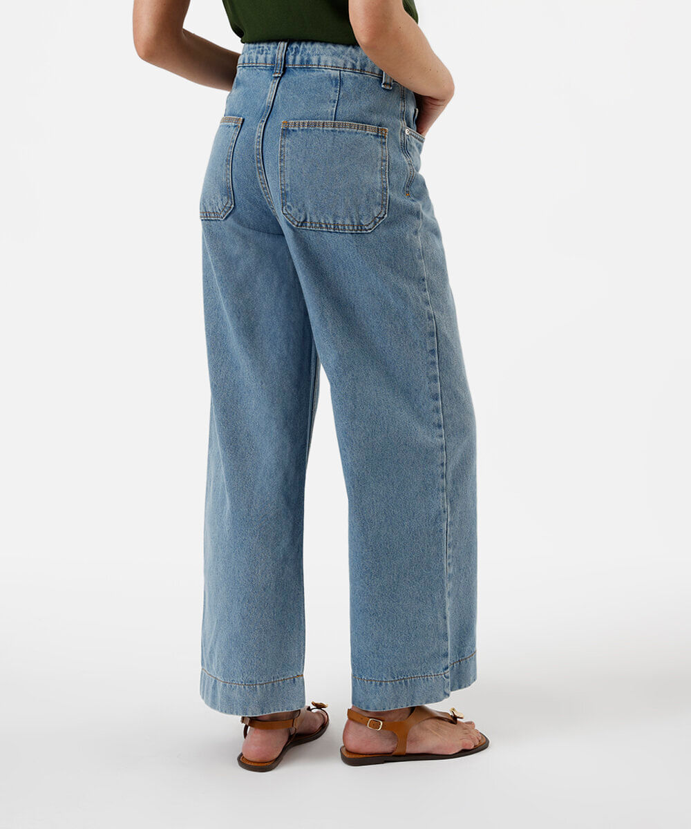 calça wide leg cropped feminina jeans azul
