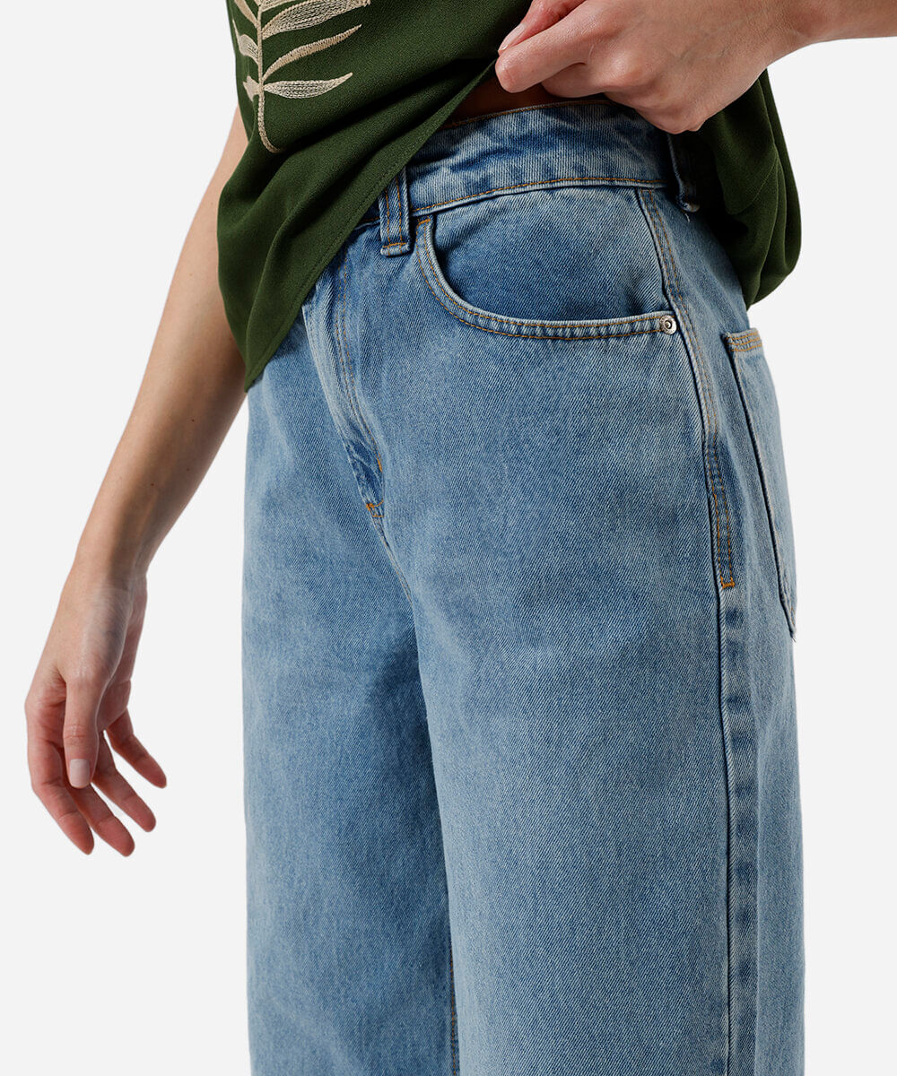 calça wide leg cropped feminina jeans azul
