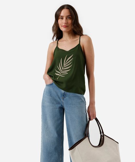 blusa alça fina feminina de viscose bordada verde