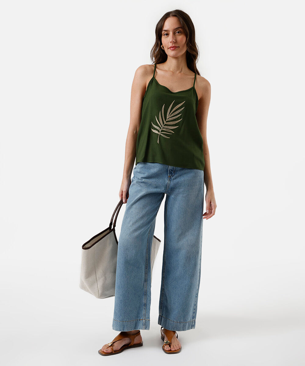 blusa alça fina feminina de viscose bordada verde