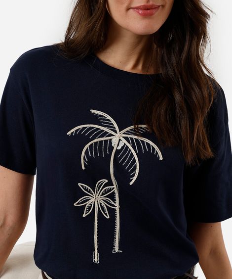 camiseta feminina de algodão bordada azul
