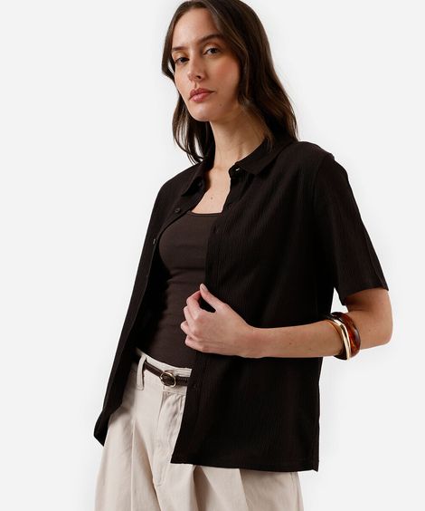 camisa básica feminina texturizada marrom
