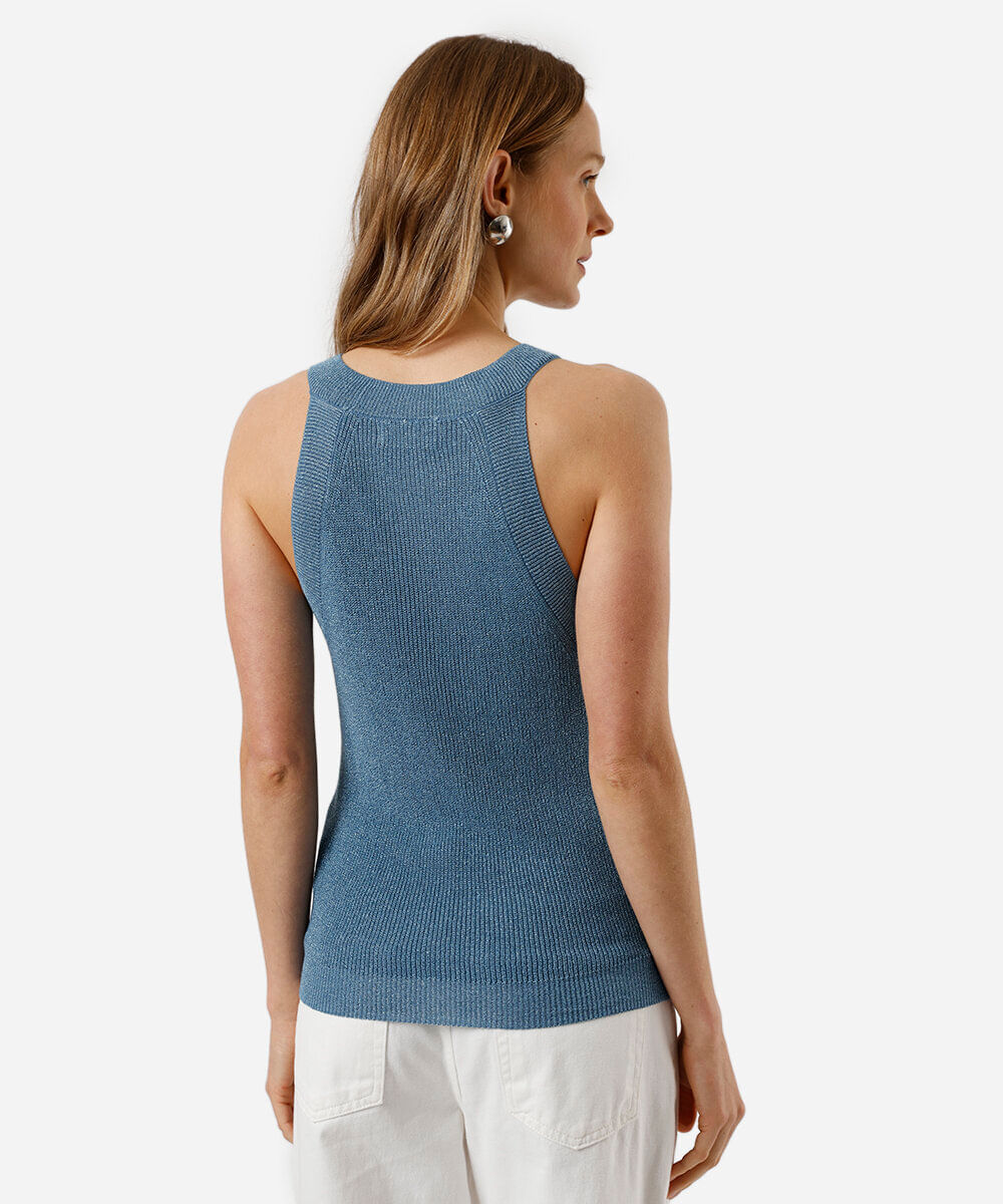 regata feminina de tricot halterneck metalizada azul