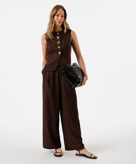 calça pantalona feminina com linho e pregas cós elástico marrom