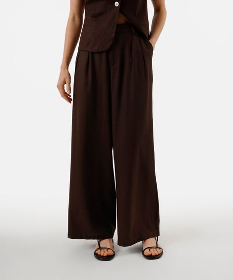 calça pantalona feminina com linho e pregas cós elástico marrom