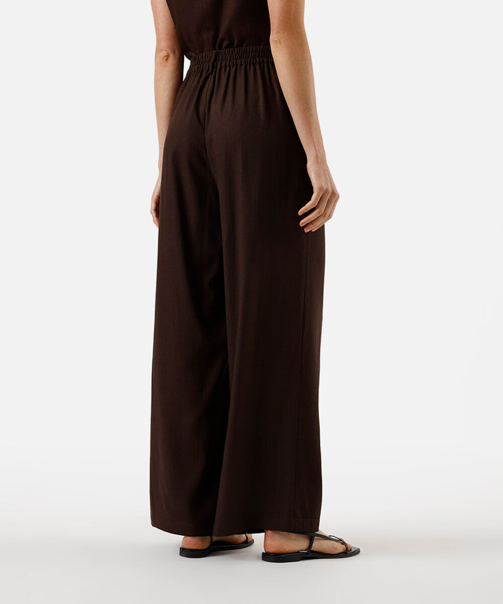 calça pantalona feminina com linho e pregas cós elástico marrom