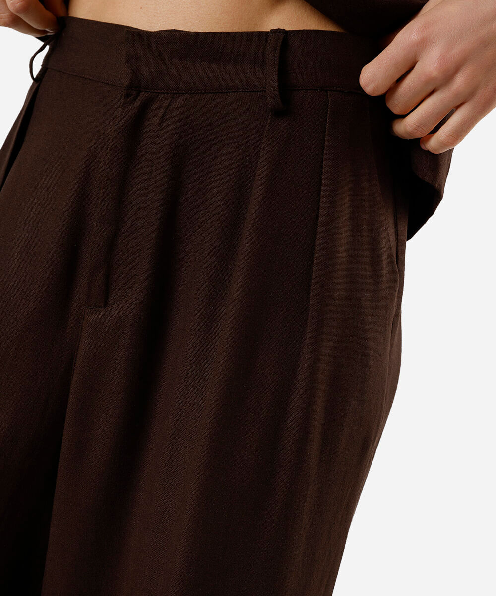 calça pantalona feminina com linho e pregas cós elástico marrom