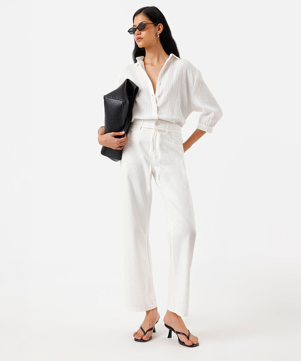 calça wide leg slim feminina de sarja com cordão off white