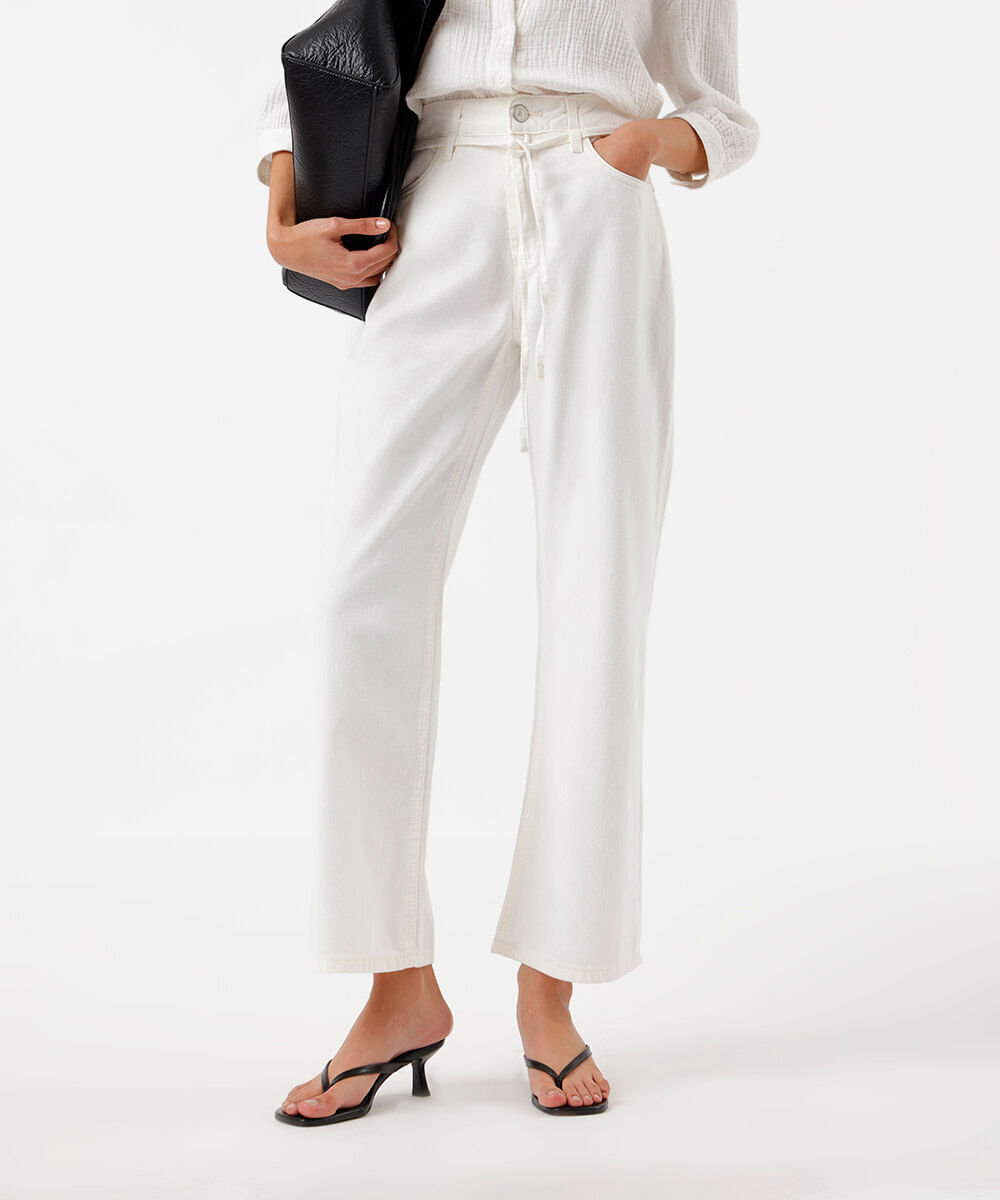 calça wide leg slim feminina de sarja com cordão off white