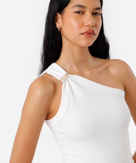 blusa ombro único feminina de algodão com fivela canelada off white