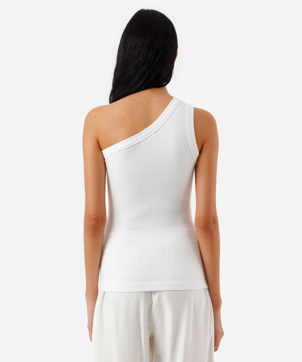 blusa ombro único feminina de algodão com fivela canelada off white