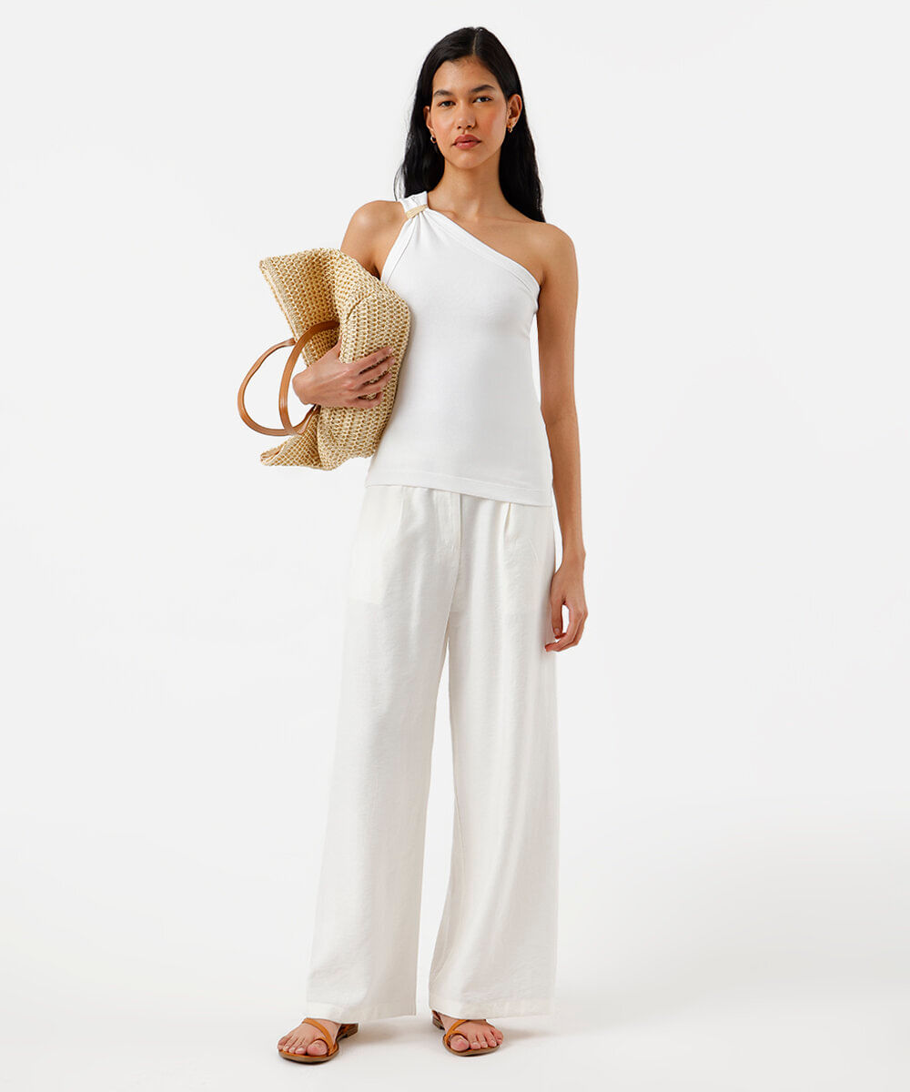 blusa ombro único feminina de algodão com fivela canelada off white