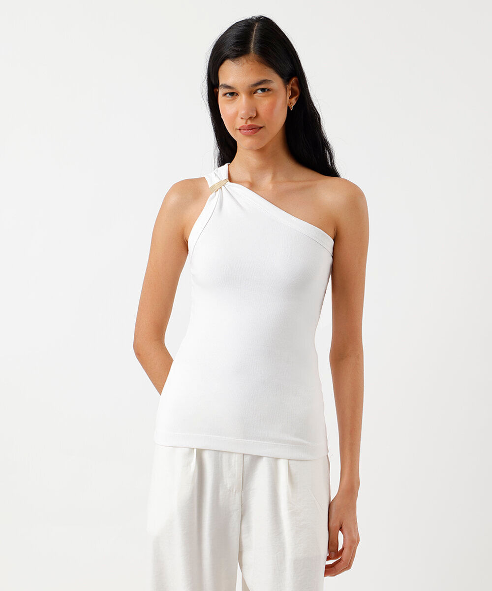 blusa ombro único feminina de algodão com fivela canelada off white