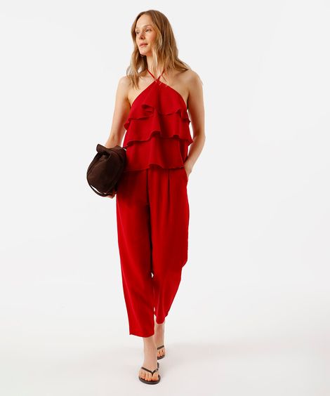 calça feminina com linho e pregas cós elástico vermelha