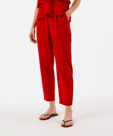 calça feminina com linho e pregas cós elástico vermelha