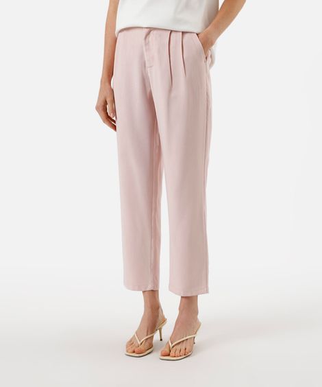 calça reta feminina com viscose e pregas cós elástico rosa