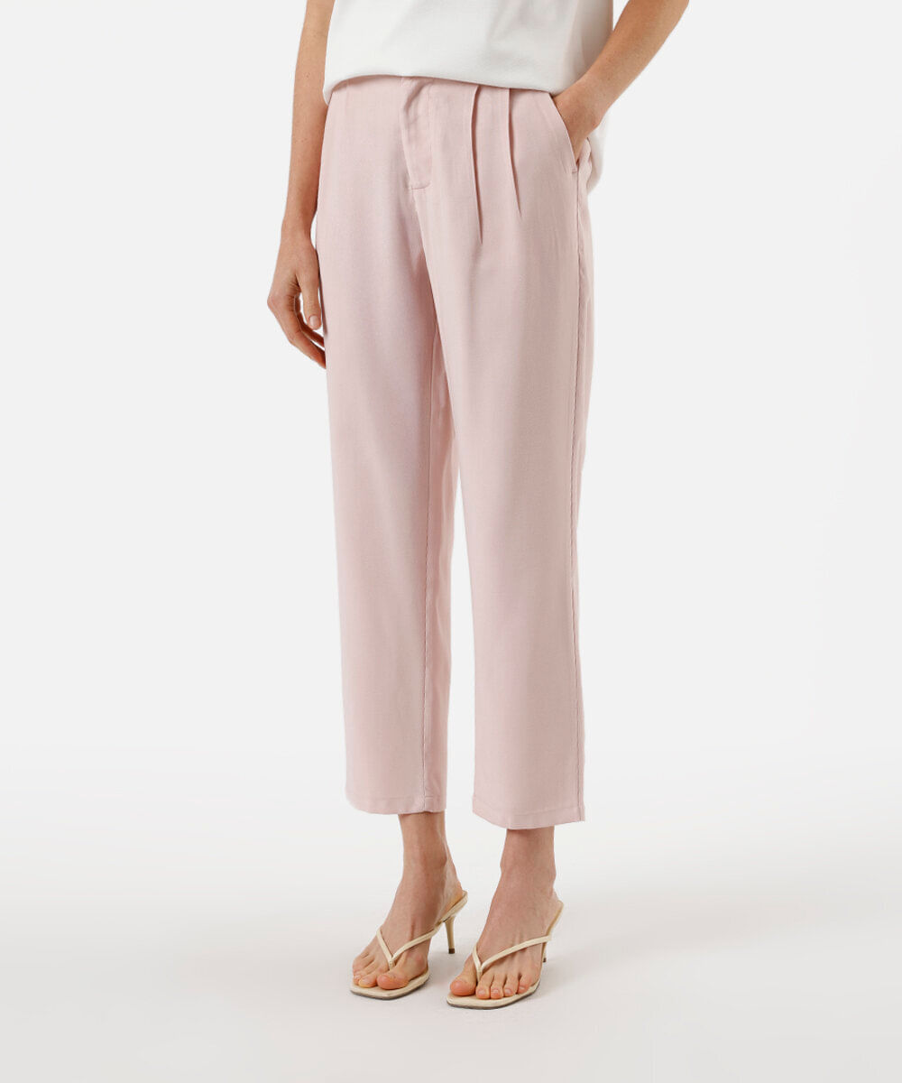 calça reta feminina com viscose e pregas cós elástico rosa