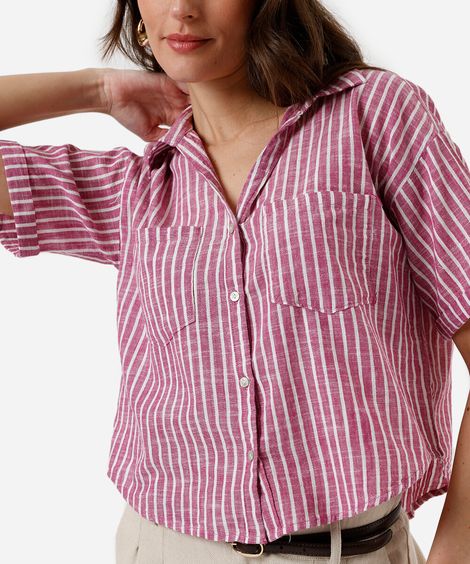 camisa feminina de algodão com bolsos listrada rosa