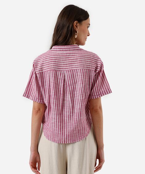 camisa feminina de algodão com bolsos listrada rosa