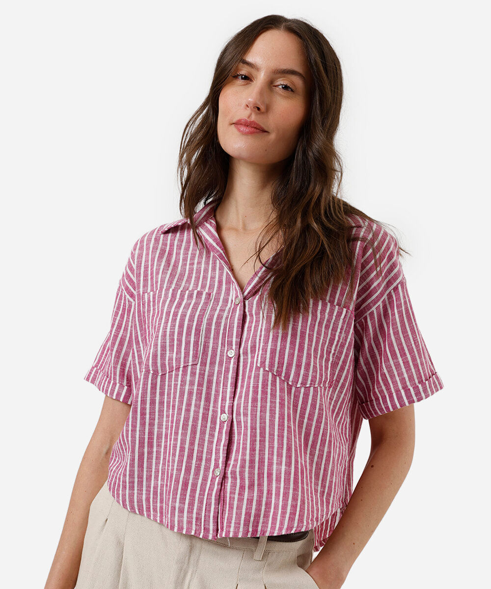 camisa feminina de algodão com bolsos listrada rosa