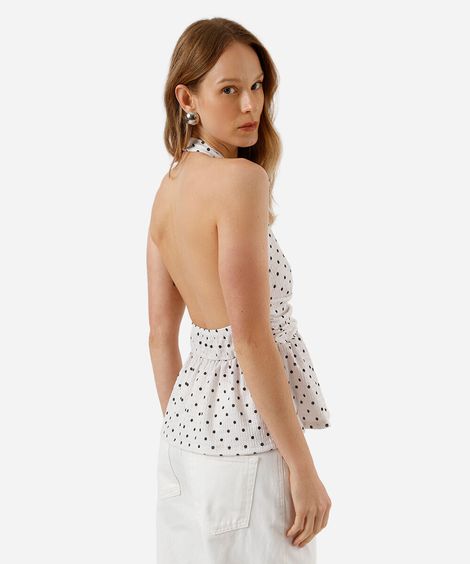 blusa peplum feminina frente única texturizada poá off white