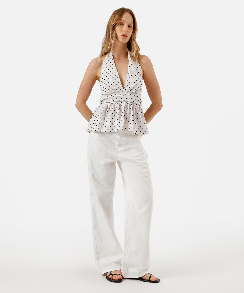 blusa peplum feminina frente única texturizada poá off white
