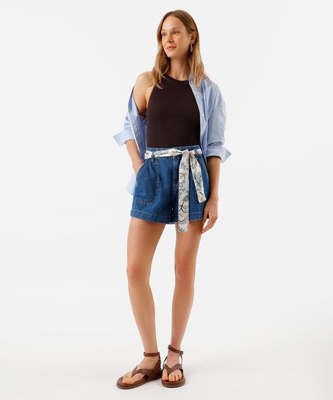 short feminino jeans com faixa azul