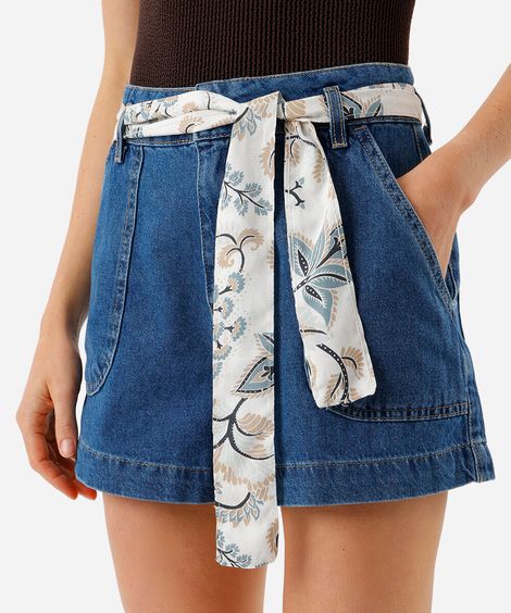 short feminino jeans com faixa azul