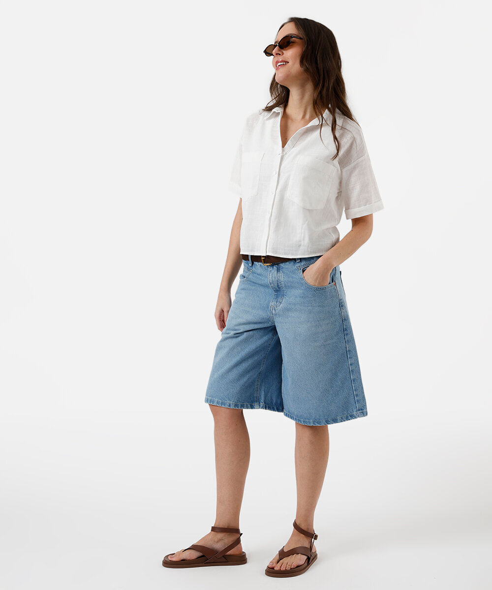 camisa feminina de algodão manga curta com bolsos off white