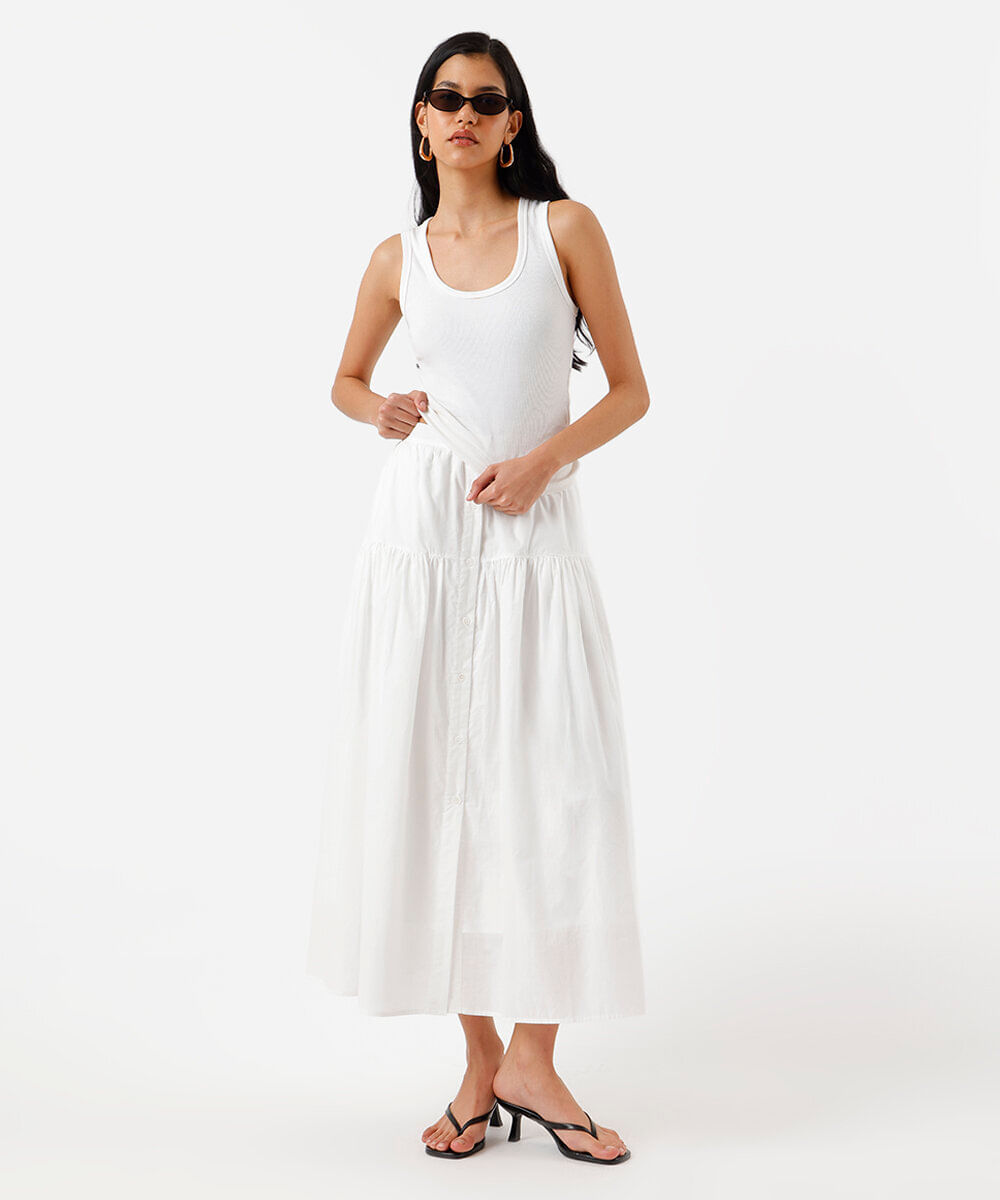 saia midi feminina de algodão com recorte cós elástico off white