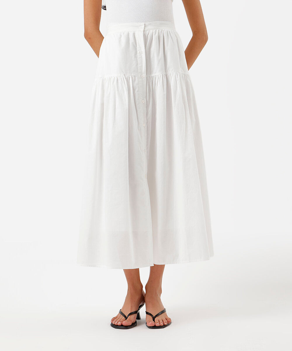 saia midi feminina de algodão com recorte cós elástico off white