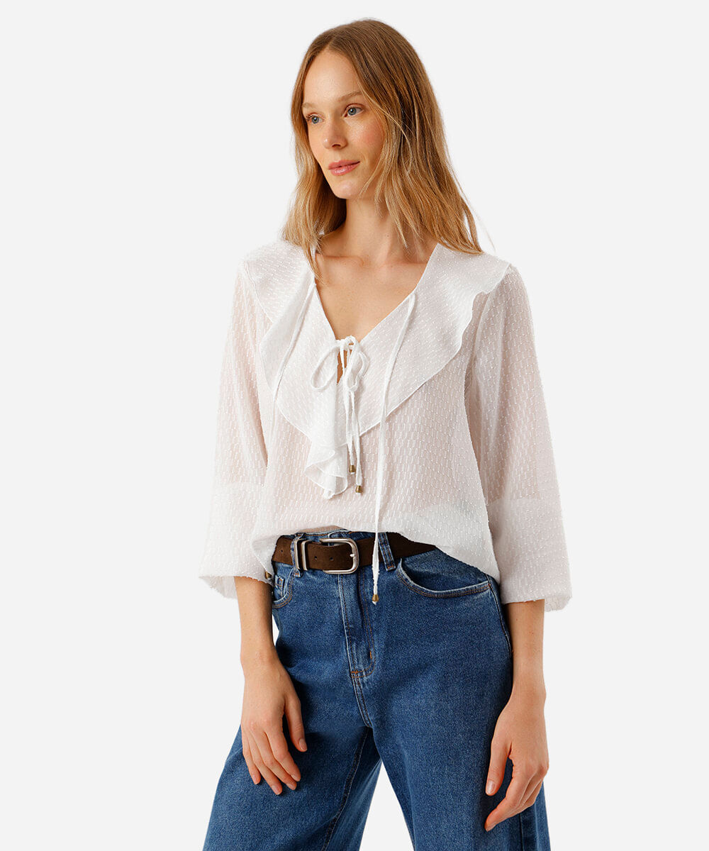 bata feminina com babado texturizada off white