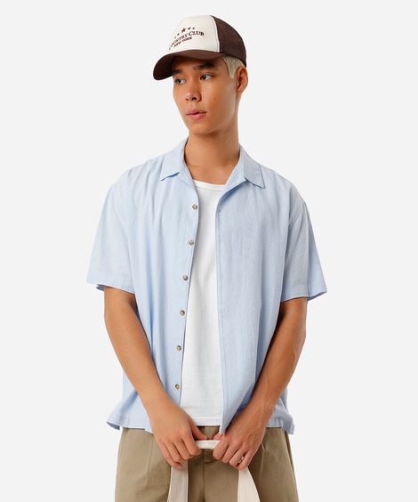 camisa masculina com linho manga curta azul