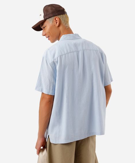 camisa masculina com linho manga curta azul