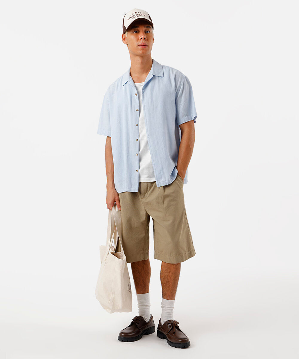 camisa masculina com linho manga curta azul