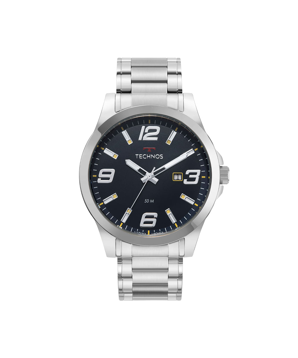 kit relógio masculino technos analógico calendário 2115mols k1a prateado