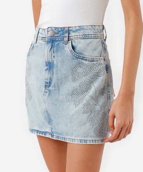 saia curta feminina jeans com brilhos azul